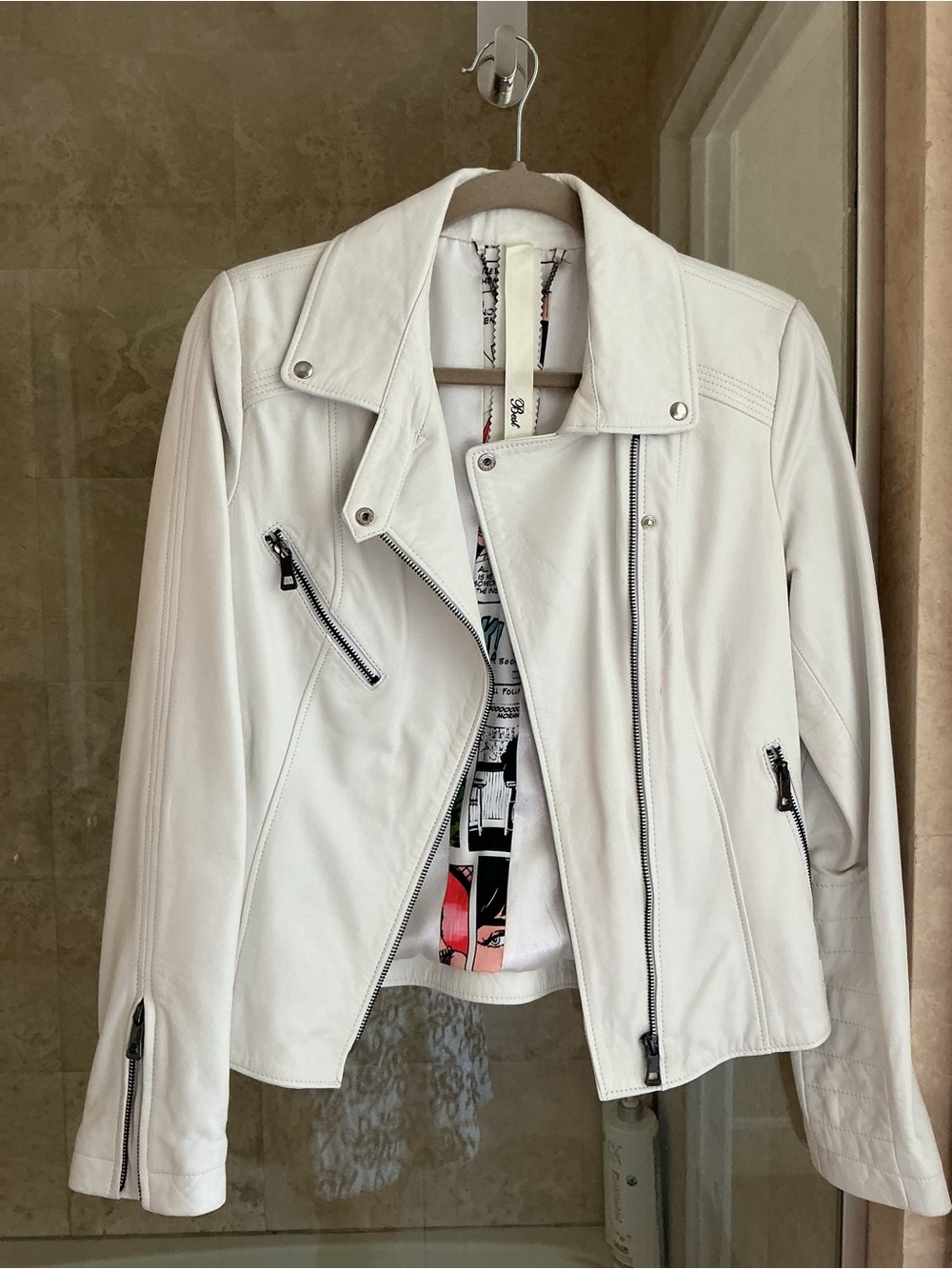 Women's White Leather Moto Jacket with Zip Details